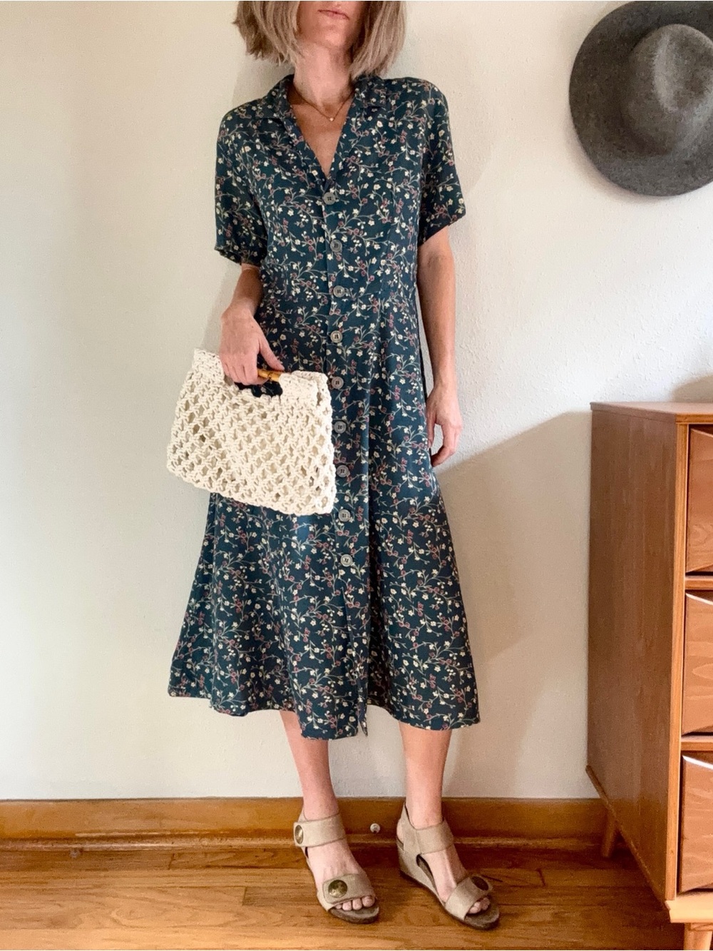 Vintage 90s Floral Button-Front Midi Shirt Dress Sz 6 Pockets Ditsy Botanical
